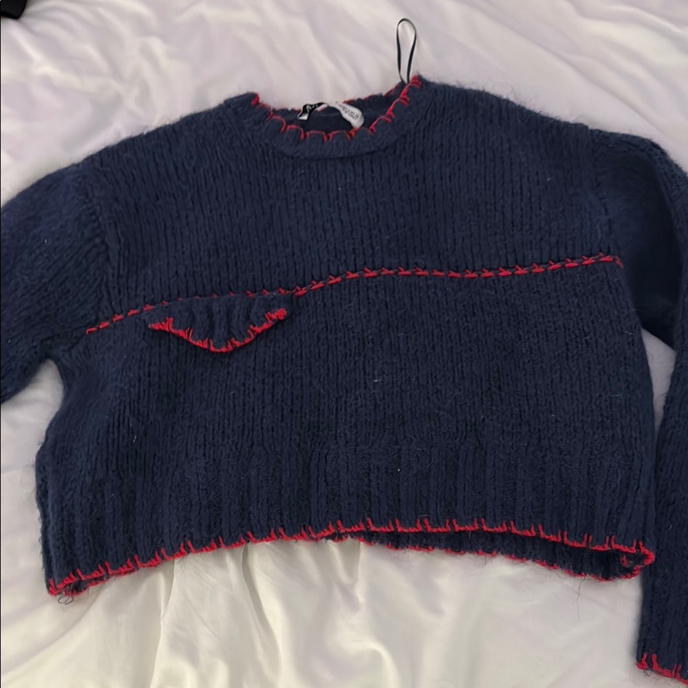 ZARA Navy Blue Sweater with Red Stitching